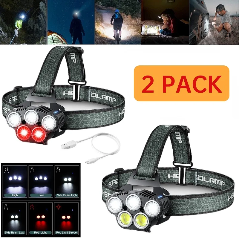 2 Pack COB LED Motion Sensor Headlamp Flashlight USB Rechargeable 6 Lighting Modes Headlight Flashlight