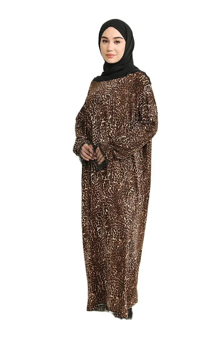 Prayer Dress Long Sleeve Leopard Pattern  Hijab Winter Summer Seasonal Loose Fashion Muslim Women Islamic Daily Wear Tunic