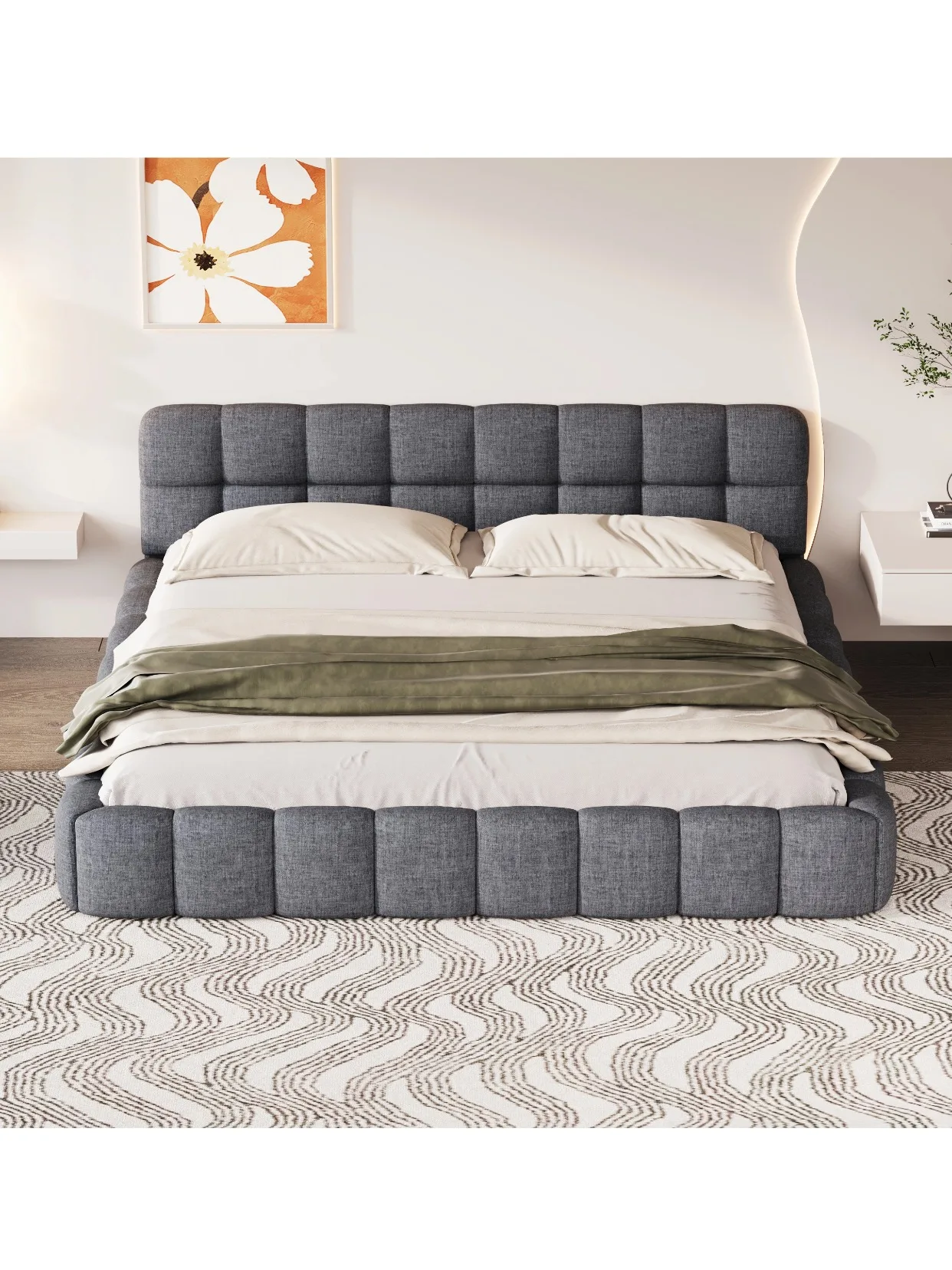 Anajqaqia, 140x190 cm Doppelbett, Polsterbett, Hauptschlafzimmerbett, Leinen, Beige/Grau, Matratze nicht enthalten