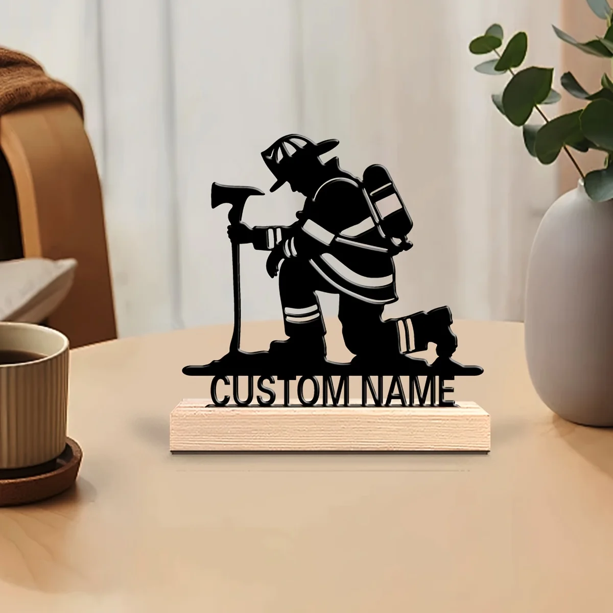 Personalized Firefighter Metal Statue Custom Text Wooden Base Art Decor Perfect Home Office Bedroom Thanksgiving Holiday Gift