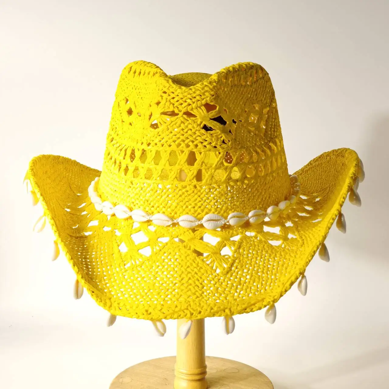 

Yellow Crochet Cowboy Hat for Women, Straw Cowgirl Hat with Cowrie Shells, Wide Brim Hollow Knit Sun Hat, Boho Western Beach Hat