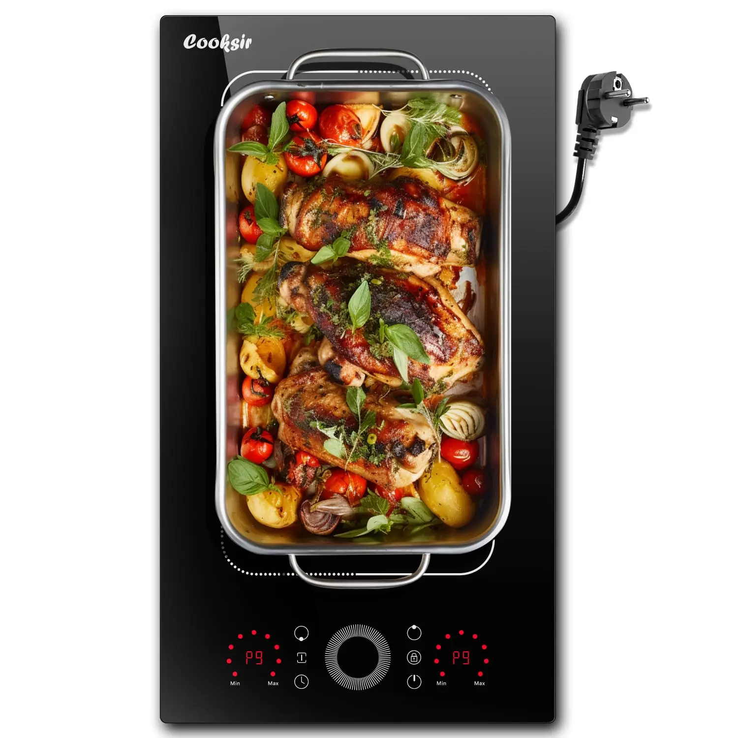 Cooksir Placa inducción 2 fuegos con enchufe, 30 cm, 3500 W, Placa de inducción integrada, zonas flexibles, Control deslizante, temporizador de 99 minutos, bloqueo de seguridad
