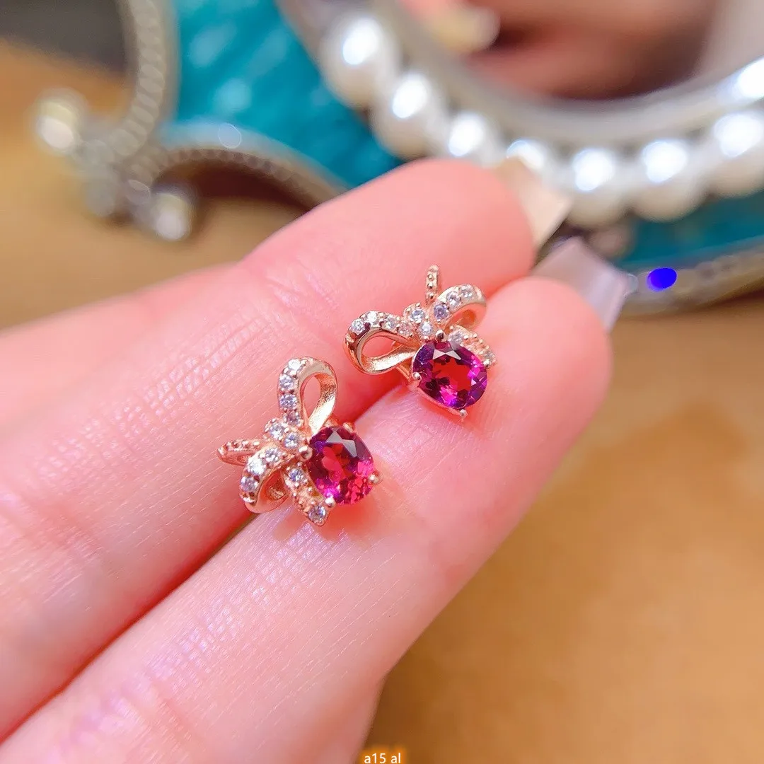 Jewelry 925 Sterling Silver Inset Natural Magnesium Aluminum Garnet 4x5mm Girls Electroplated Rose Gold bow Earrings to Girlfrie