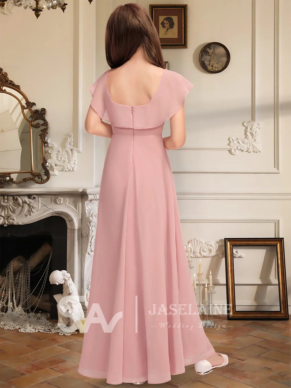 Elegante abito da damigella d'onore junior in chiffon a trapezio con scollo a barchetta e volant a cascata, abito da ragazza di fiori, festa di nozze per ragazze