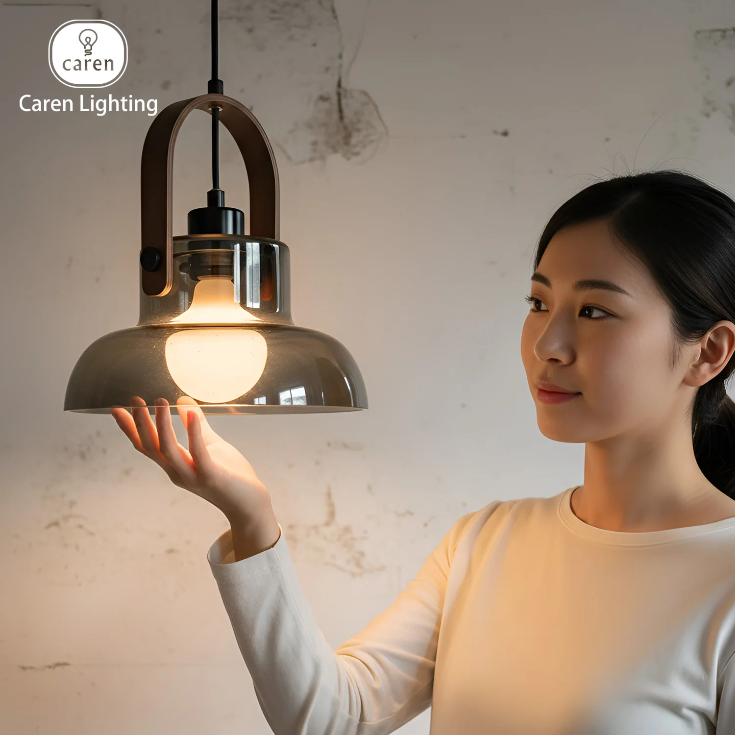 

Caren Modern Glass Pendant Light Fixture Mid-Century Hanging Lamp Ash Walnut Wood Handle Nordic Clear Smoked Glass LED E27 Bulb