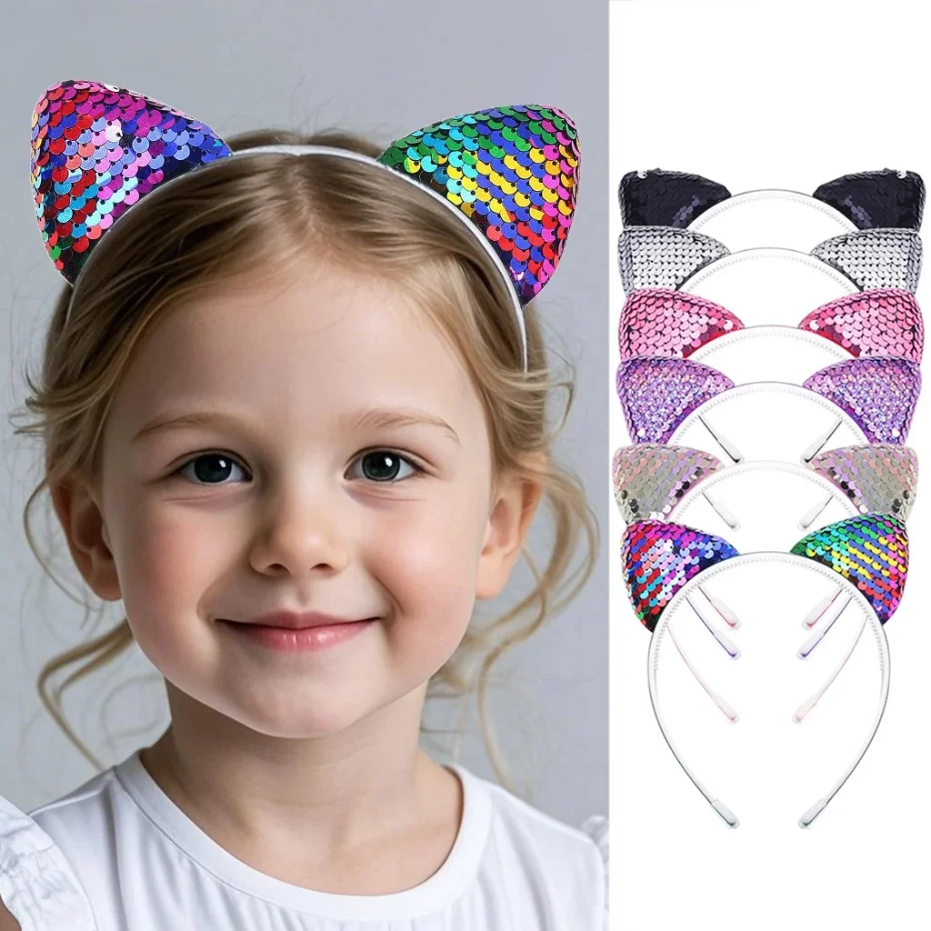Cekinowa opaska z uszami kota błyszczące obręcze do włosów śliczna Bling Kitty opaska do włosów akcesoria do włosów dla dziewczynek codzienne noszenie strona dekoracji — zdjęcie 2