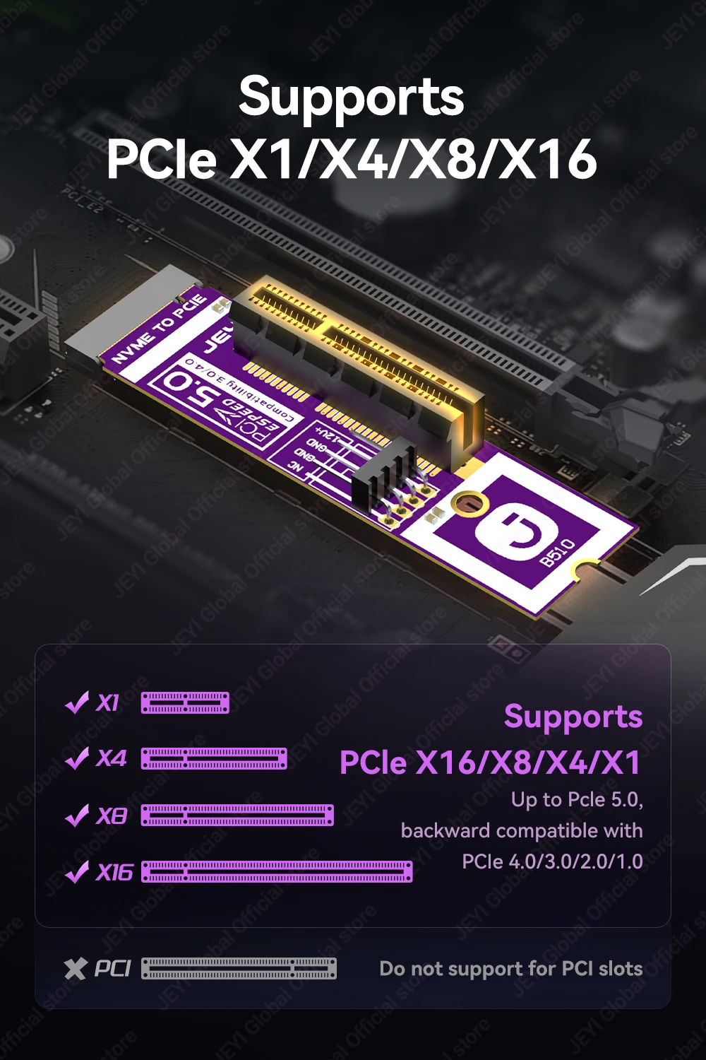 JEYI M.2 zu PCIe 5.0 X4 Adapterkarte 128Gb/s Hochgeschwindigkeitsübertragung Kompatibel mit PCIe X1/X4/X8/X16 Steckplätzen – Detail 4