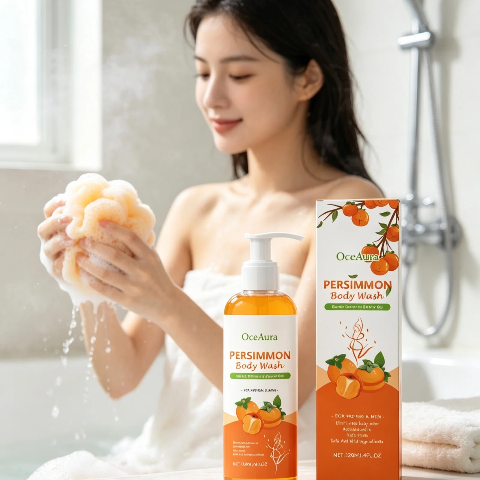 OceAura Persimmon Body Wash Deep Cleansing Eliminate Bad Smell Moisturize Skin Long Lasting Freshness Deodorant Body Wash 120ml