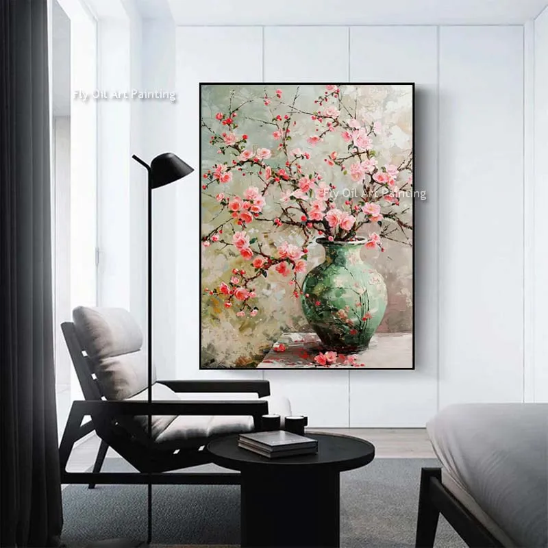 Blossom Flowers Oil Painting Abstract Flower Canvas Painting Pink Flowers Art Peach Floral  Palette Knife Painting For Decor