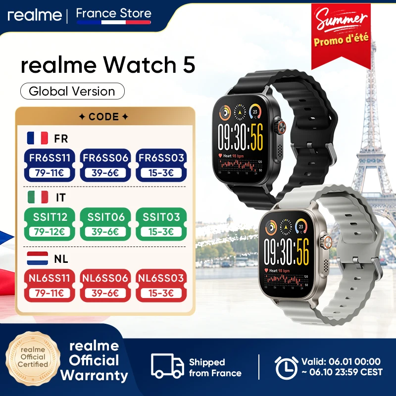 Version globale realme Watch 5 Smartwatch avec boussole et GPS indépendant, 5 GNSS, écran AMOLED de 1,97 pouces, jusqu'à 14 jours d'autonomie super longue