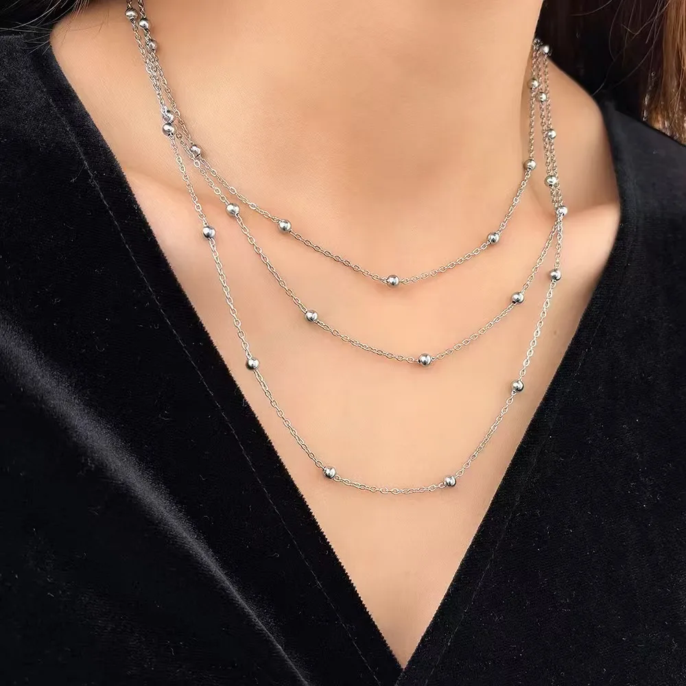 New High-end Jewelry Stainless Steel Necklace Atmosphere Delicate Beads Multi-Layers Chain Necklace For Women Party Gifts