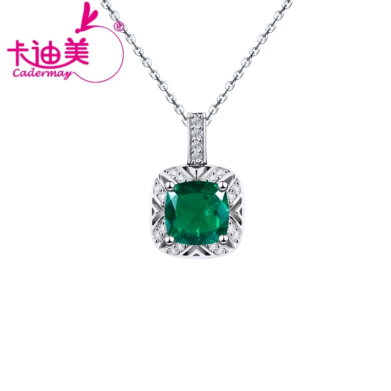 CADERMAY Fine Jewelry S925 Silver Lab Grown Cushion Shape Emerald Pendants Necklaces 9MM For Women Party Gifts