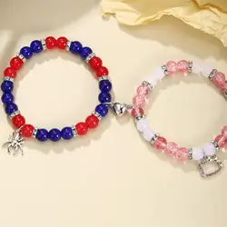 2 pcs of Spider and Cat Pendant Heart Shaped Magnet Bead Elastic Couple's Bracelets, Bff Trendy Jewelry Gifts