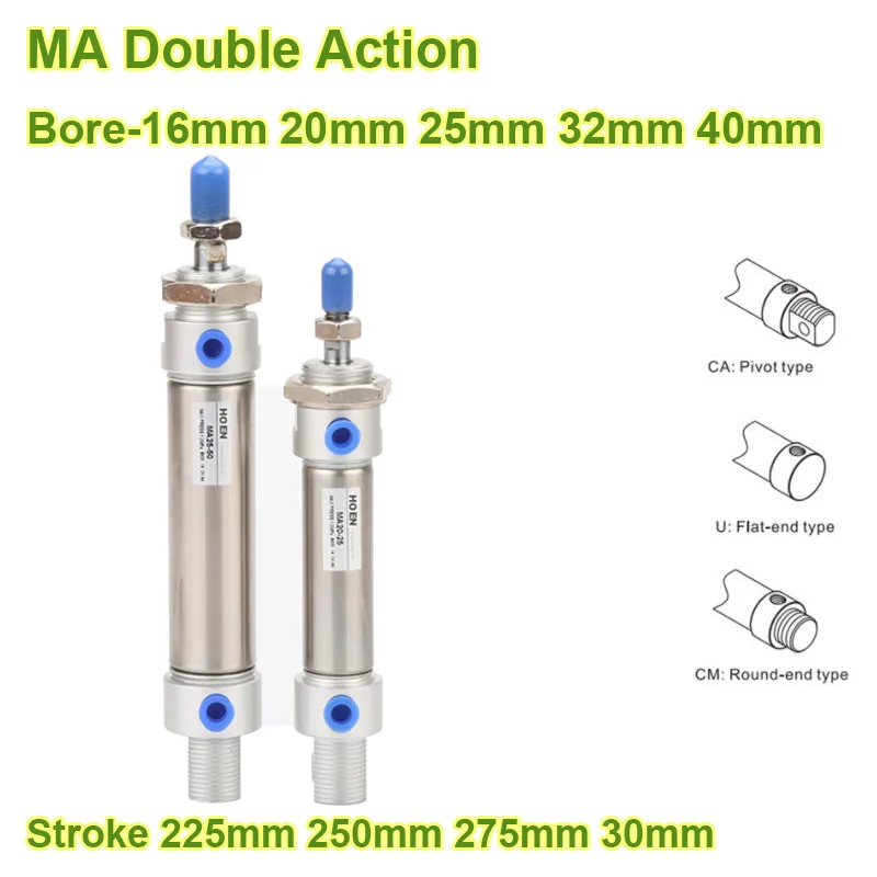 MA Small Pneumatic Cylinder Air Stainless Steel Material Double Action Long Stroke 16mm 20mm 25mm Bore Stroke 225mm to 300mm