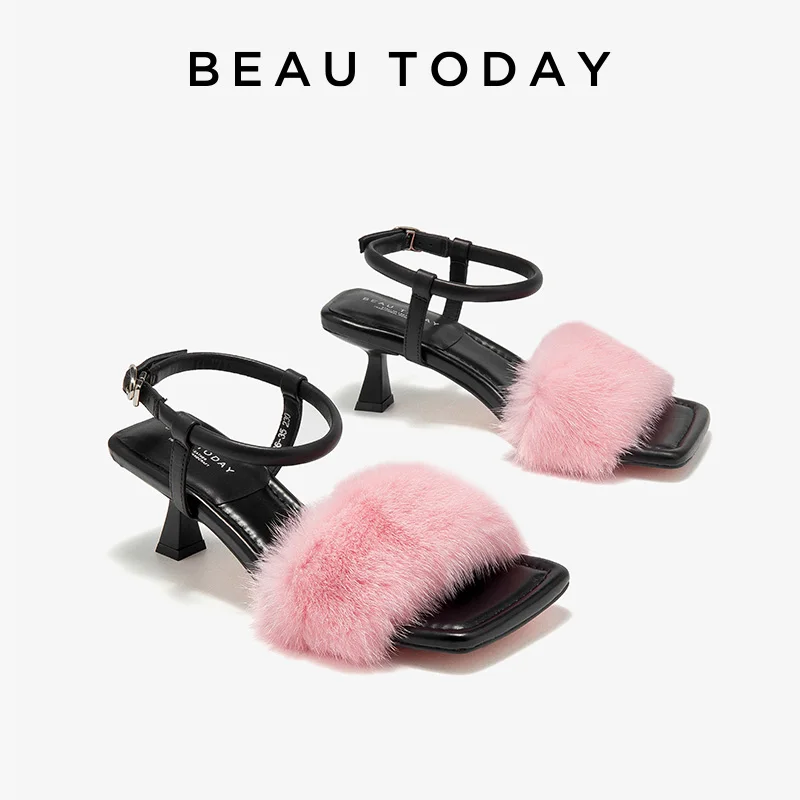 

BEAUTODAY Elegant Sandals Women Mink Fur Thin High Heeled Square Toe Buckle Strap Summer Dress Pumps Female 31286