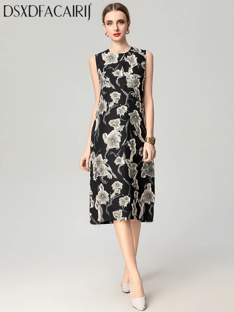 

DSXDFACAIRIJ женское черное винтажное платье-майка без рукавов с круглым вырезом и аппликацией, модное летнее женское платье