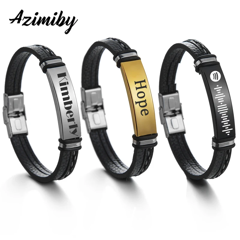 Azimiby Custom Text Punk Style Leather Bracelets For Men Stainless Steel Simple Engraved Name Blank Bar Bangle Bracelet Gift