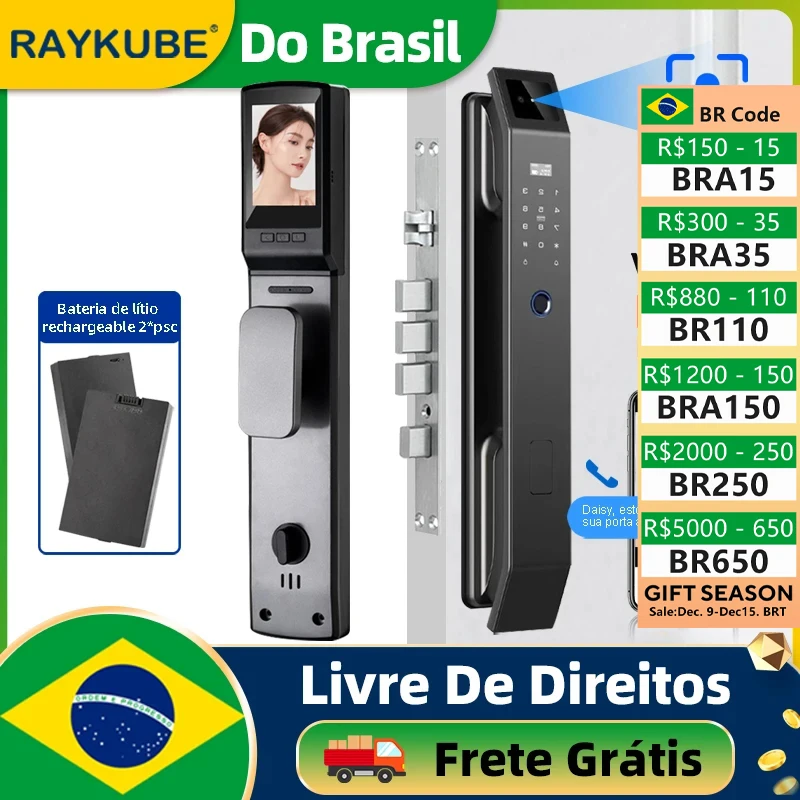 Do Brasil RAYKUBE DF14 Tuya WiFi 3D Face Recognition Digital Door Lock With Audio WiFi Camera Video Call APP Unlock 2pcs Battery