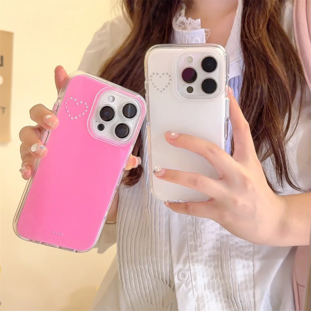 

Korea INS Flash drill Heart white pink phone case for iPhone 17 Pro 13 14 15 16 Pro Max cover shockproof cute protective Fundas