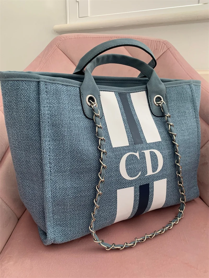 

Monogram Tote Bag Canvas Customised Blue White Navy Chain Handbag Personalised Stripe Initials Beach Holiday Shoulder Tote Bag