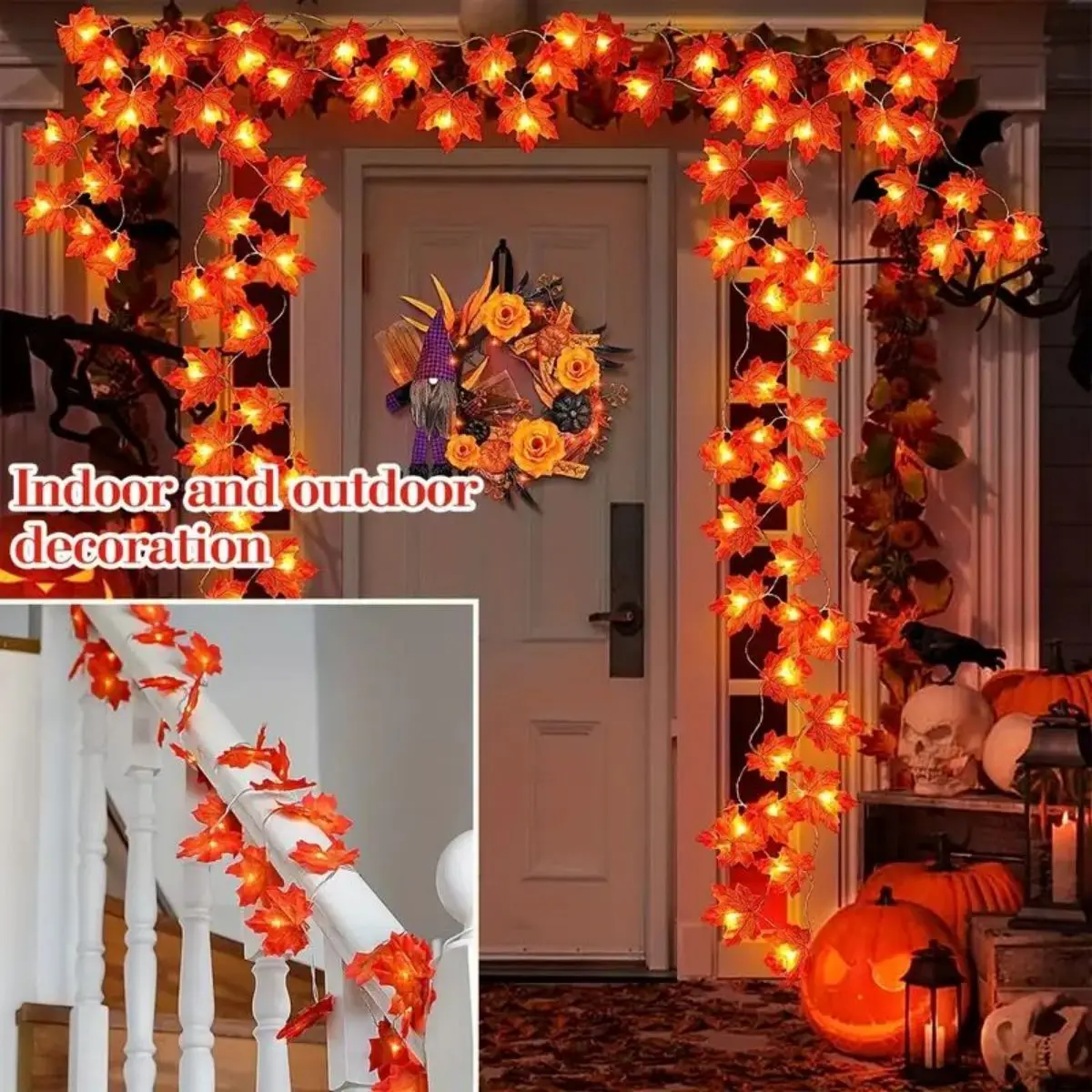 1 piece of red maple leaf string decorative light, battery powered LED string light, autumn harvest, Christmas (warm white)