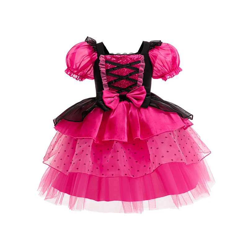 

Children's Rose Black Color Matching Bubble Sleeve Lace Embellished Poncho Ruffle Girls Dress Halloween Dress Up