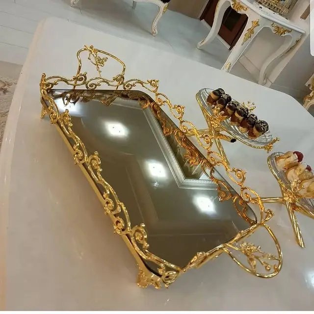 Elevate Your Tea And Coffee Serving Experience To Unimaginable Heights With The Extraordinary Beauty And Unparalleled Glamour Of Our Handcrafted Decorative Gold Tone Tray