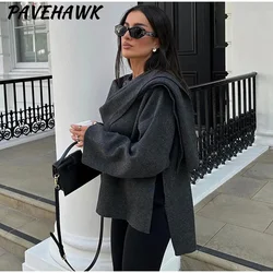 Women Asymmetric Scarf Knitted Jackets Elegant Solid Long Sleeve Loose Short Coat Autumn Winter Grey Elegant Lady Outerwear