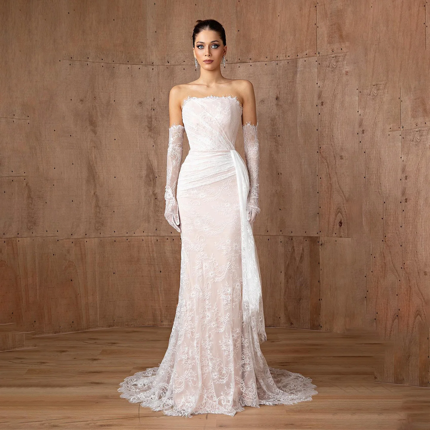 Sharon Said Elegant White Strapless Dubai Evening Dress with Gloves Lace Arabic for Women Wedding Dress Gown SF373 Customized