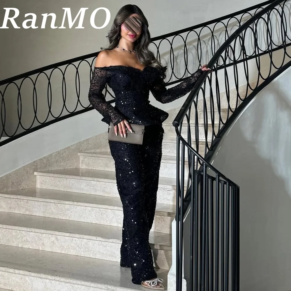 Ranmo Eleagnt Customized Sequin Embellished Prom Dress Jumpsuit Evening Party Gown Black Off Shoulder Beaded Wedding Guest Dress