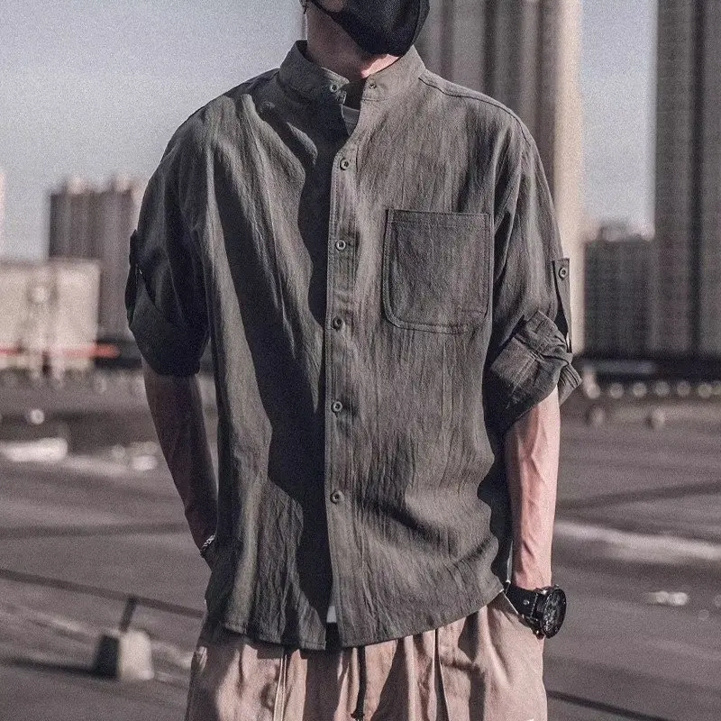 Seven parts linen short-sleeved shirt, men's long-sleeved summer t-shirt, casual loose-fitting clothing, wide-fit large size, st