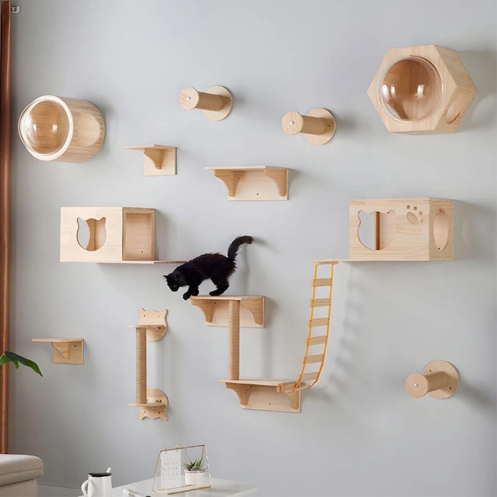 Cat Tree Wall Mounted Climbing Shelves Wooden Hammock with Ladder and Cat Bridge for Cat Perch Sleeping Pet Indoor Playground