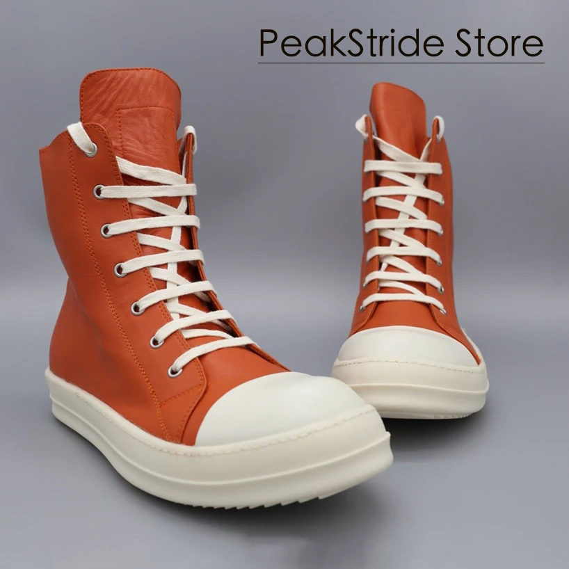 

Luxury Orange Leather High Top Boots for Men & Women, Classic Zipper Lace-Up Cowhide Sneakers, Casual Fashion Ankle Shoes by RO