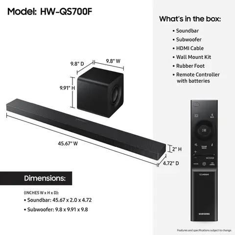 Samsung Q-Series Soundbar HW-QS700F 3.1.2 ch Subwoofer Convertible Fit, Wireless Dolby Atmos, Q-Symphony