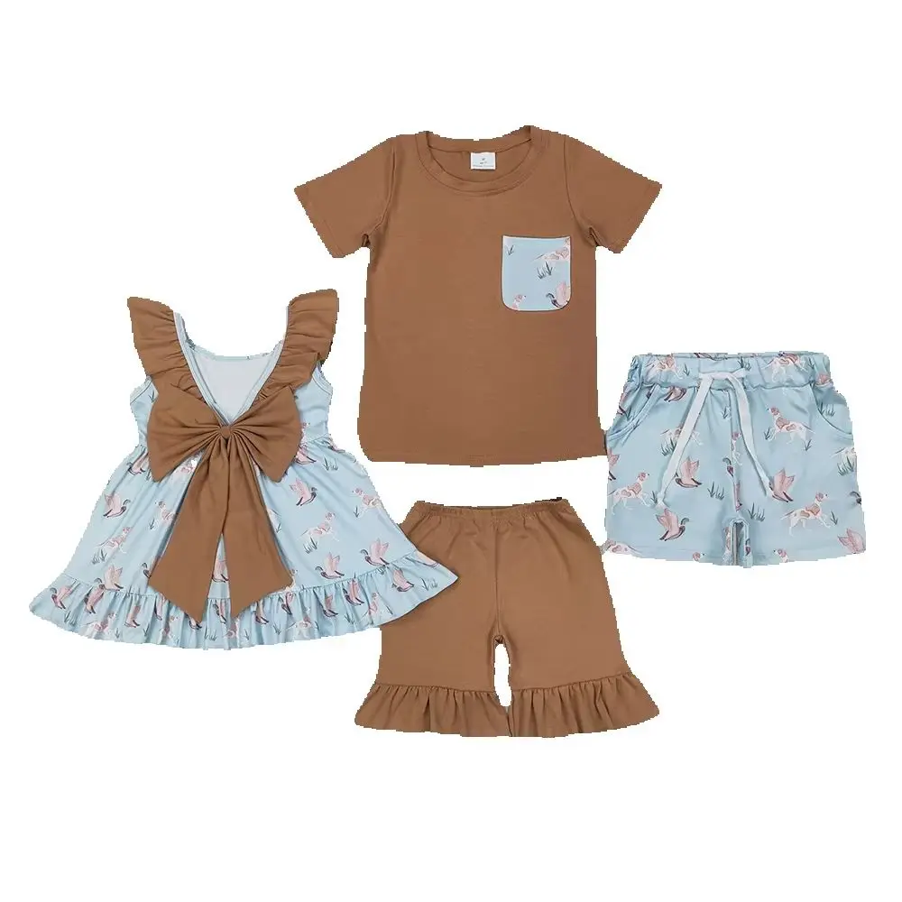 

Sibling Baby Boys Girls Khaki Pocket Top Ducks Dogs Shorts Clothes Set