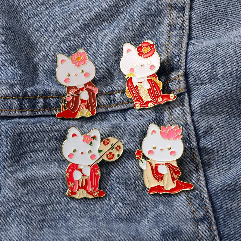 Cute Cartoon White Cat Enamel Brooch Creative Chinese Tang Style Hanfu Animal Lapel Pin Badge Backpack Clothing Hat Accessories