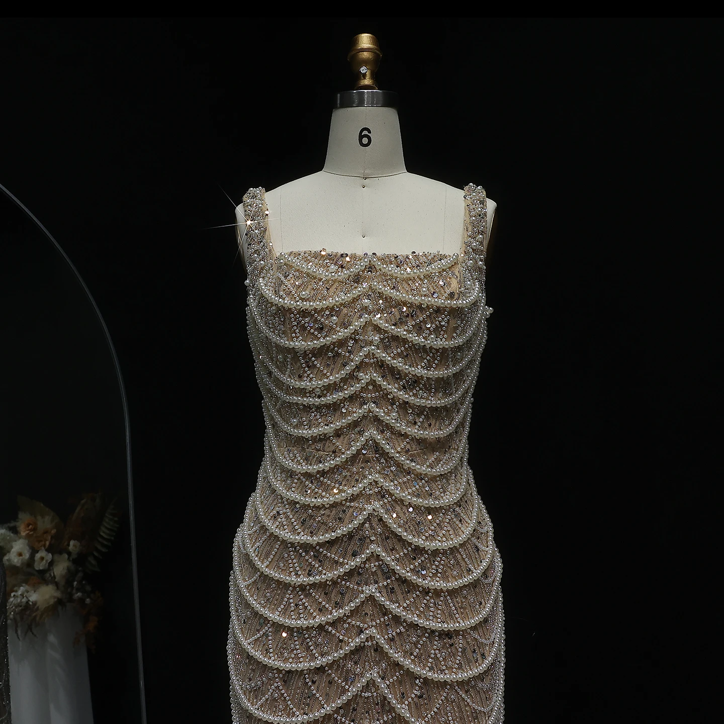 Sharon Said Luxury Pearls Sheath Nude Evening Dress for Women Spaghetti Straps Long Dubai Wedding Party Gowns SS682 Customized