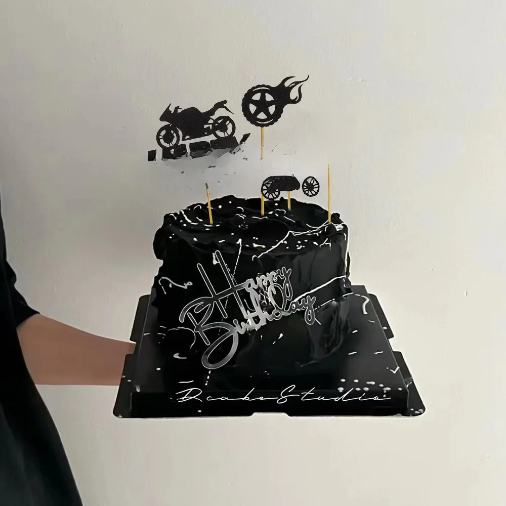 Décoration de gâteau joyeux anniversaire moto, médaille de pneu, sport, fête prénatale, or et noir, décoration de Cupcake, fournitures de cuisson