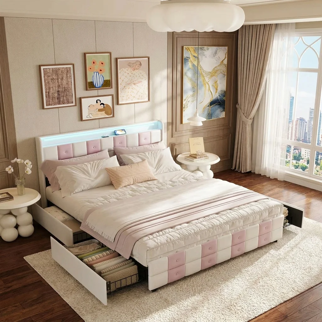 Cama MINGZHE con doble acolchado en cm, cajonera con 4 cajones, tela de terciopelo, USB y Tipo-C, iluminación LED, RGB, blanco y rosa