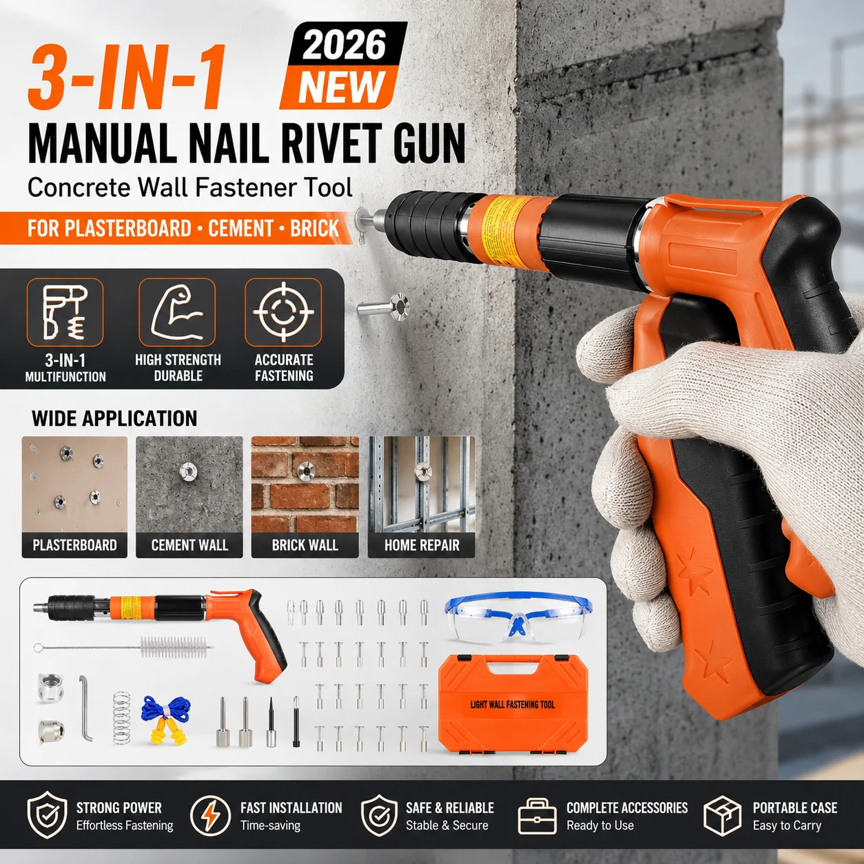 Mini Manueller Pulveraktiver Nagelpistole, 5 Einstellbare Leistungsstufen, Geräuscharmer Beton-Nagelschießer für Decken-Kabelkanal-Rohr-Montage, Wandbefestigungs-Werkzeugset