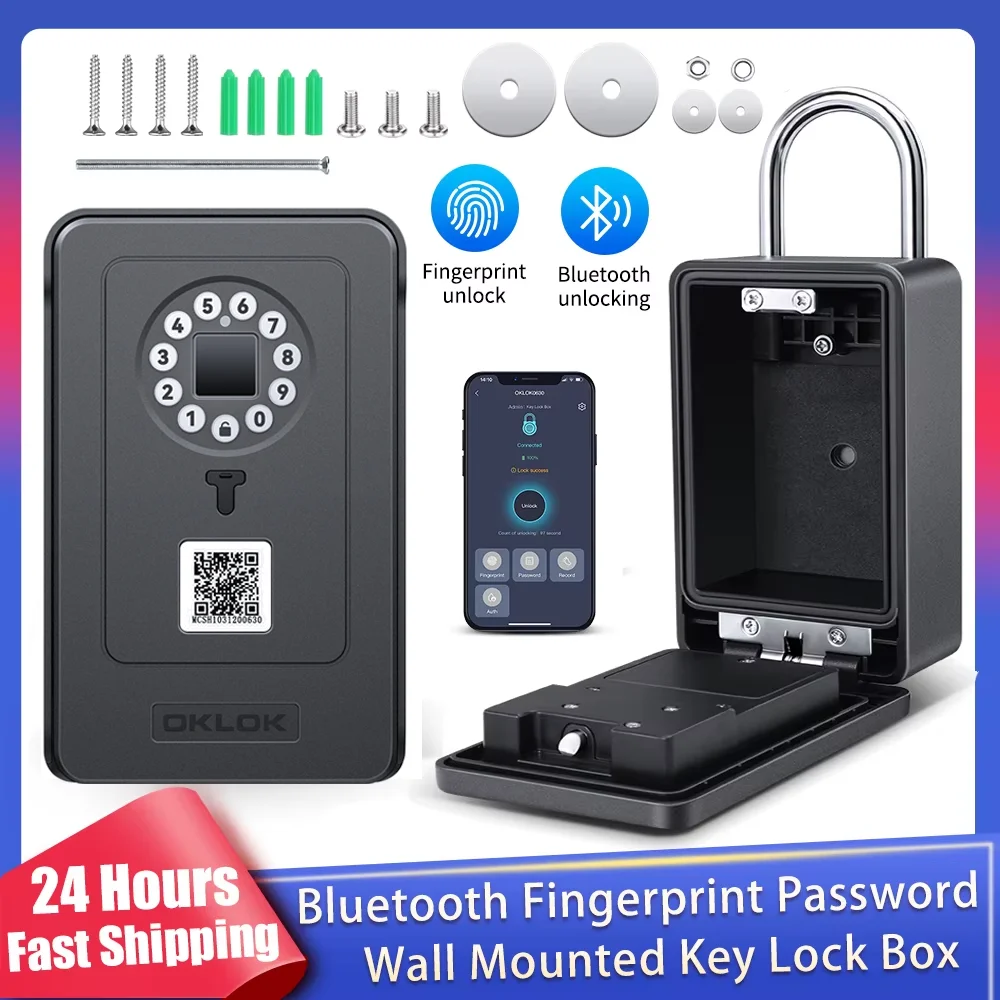New Bluetooth Fingerprint Password Key Lock Box Waterproof Wall Mounted Door Hanging Safe Deposit Box Smart OKLOK Management