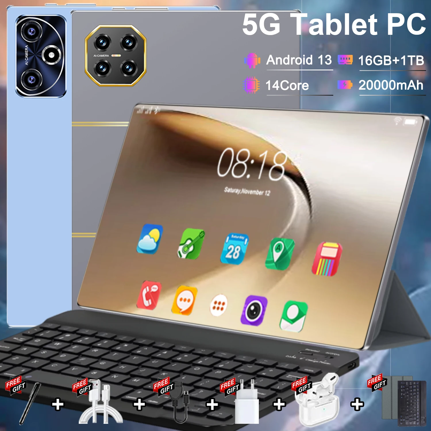 Tablette 5G Android 13, Bluetooth, 14 cœurs, double caméra, double SIM, Google Play, Wi-Fi, 10,36 pouces, 16 Go + 1 To ROM