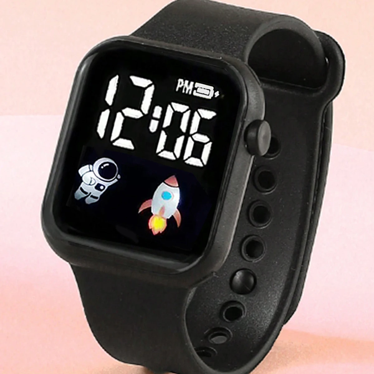 4-Piece Set of Black Silicone Digital Watches with Gold Pendant Accessories, Suitable for Daily Wear and Holiday Parties.