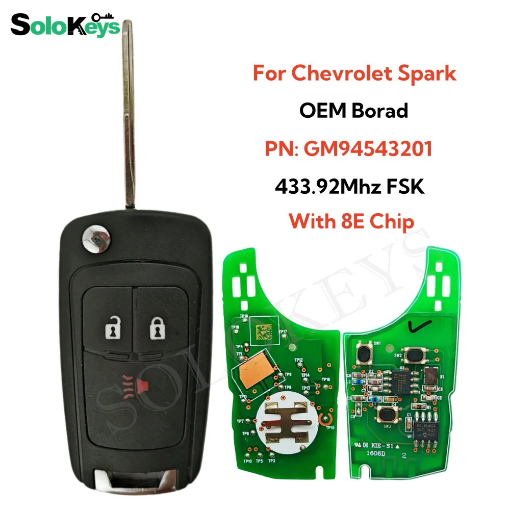 

SOLOKEYS P/N: GM94543201 Flip Remote Key For 2013-2016 Chevrolet Spark 433.92MHz 8E Chip 3 Buttons OEM Board Aftermarket Shell