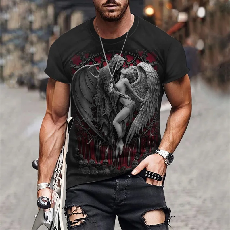 Men's Plus Size Gothic T-shirt Romantic Skull 3d Printed Short Sleeve Stretch Crew Neck Top Men Street Casual Fashion T-shirt