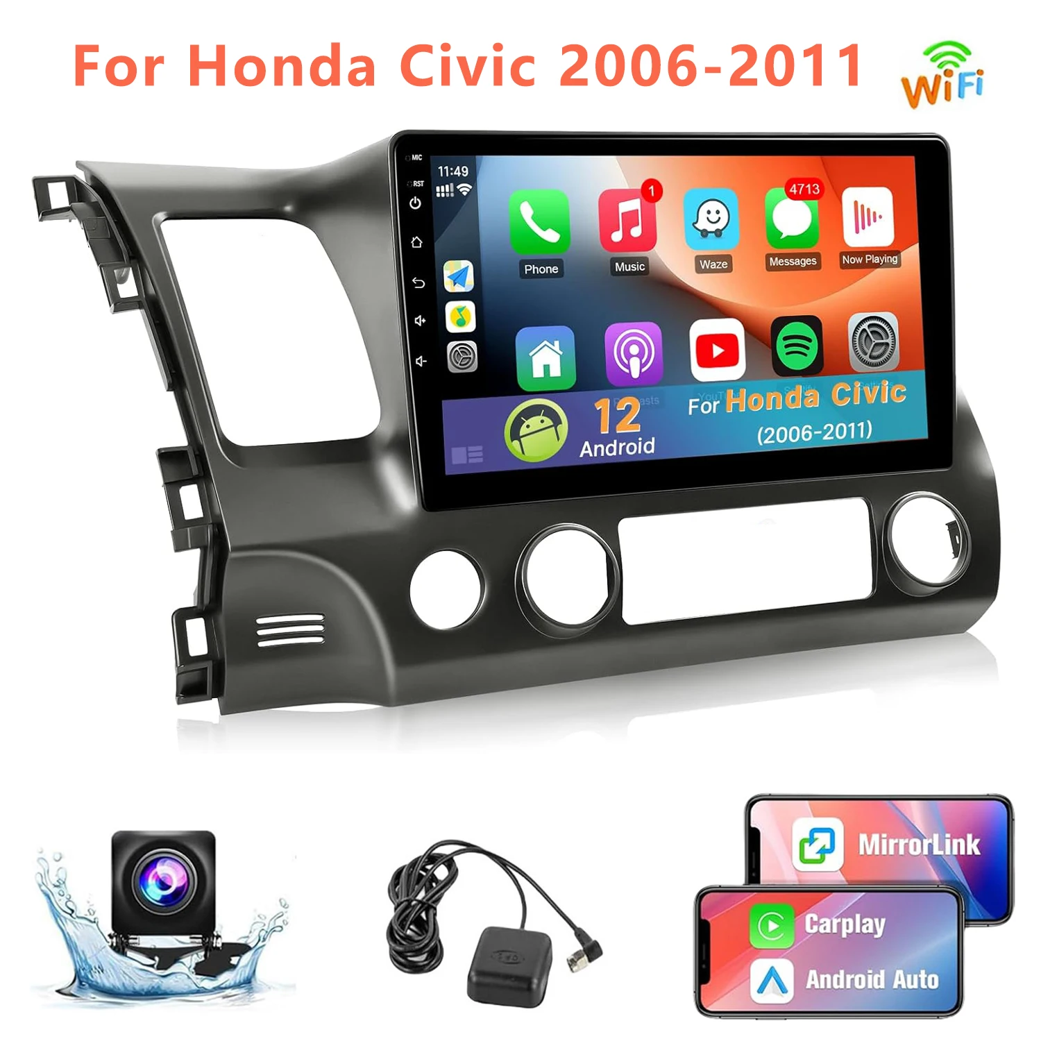 

10.1 Inch Wireless Car Stereo for Honda Civic 2006-2011 CarPlay Android Auto Touch Screen Car Radio with Backup Camera GPS WIFI