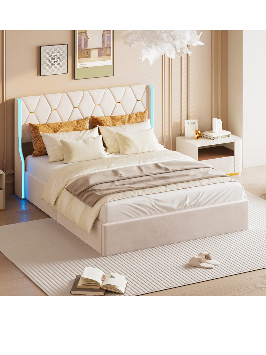 Anajqaqia gepolstertes Doppelbett, hydraulisches Bett mit geflügelten Kopfteilplatten, Beleuchtung, Samt, Beige