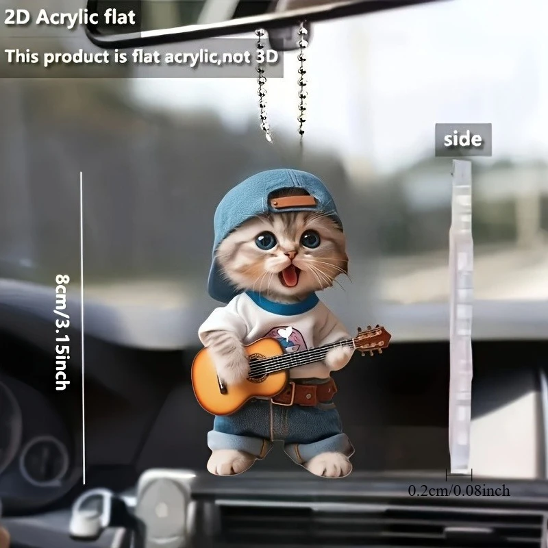 5-Pack 2D Flat, Realistic Kitten Guitar-Playing Pendants – Cute Cat Guitar Charms for Car Rearview Mirrors and Keychain Accessories – Adorable Kitten Music Gifts Designed for Cat Lovers, Birthdays, Mother's Day, and Anniversaries, 2D Flat