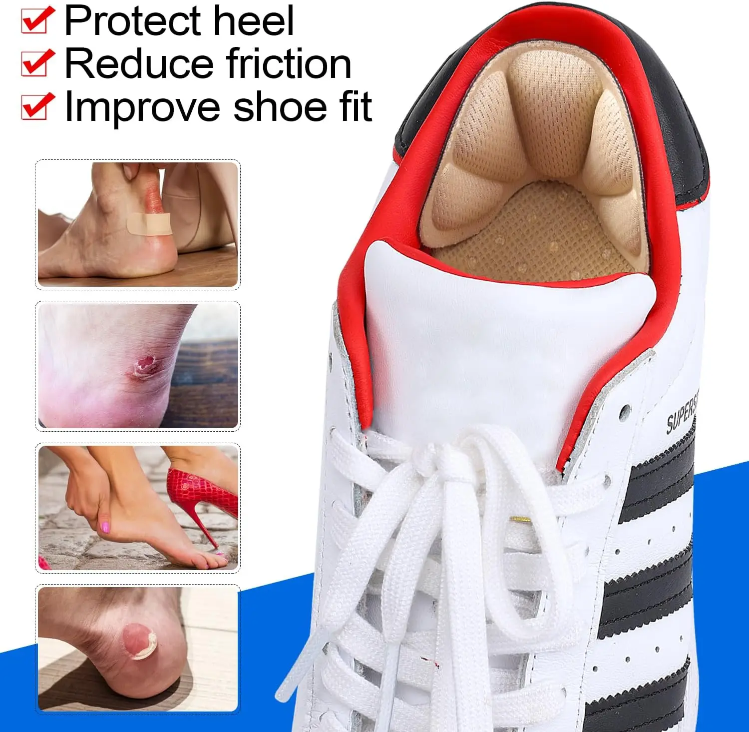 Adhesive Heel Cushion Pads Reusable Back of Heel Grips Inserts for Loose Shoes Too Big Boots - Improve Shoe Fit for Women & Men