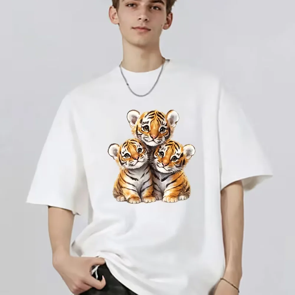 Men Watercolor Three Baby Tiger Cubs Graphic T-Shirt Cute Animal Print Crew Neck Casual Short Sleeve Tee Daily Wear Top.